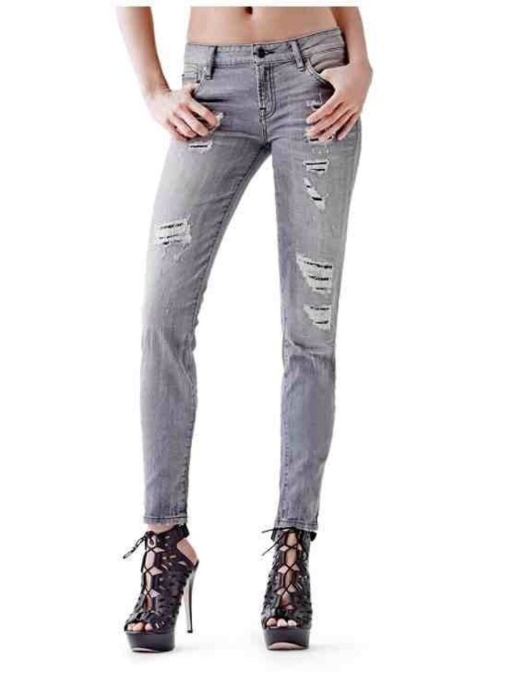 Guess Mid Rise Power Curvy Skinny Jeans In Create Wash Destroyed Details Size 23